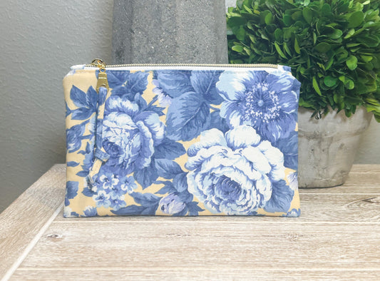 Blue and Yellow Chintz Floral Zipper Pouch