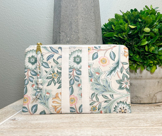 Beige and Green Floral Zipper Pouch