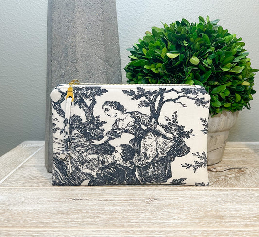 Black and Ivory Toile Zipper Pouch